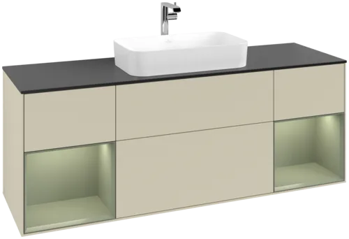 VILLEROY BOCH Toaletní skříňka Finion, s osvětlením, 4 výsuvy, 1600 x 603 x 501 mm, hedvábně šedý matný lak / olivový matný lak / černé matné sklo #F332GMHJ