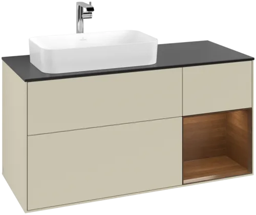 VILLEROY BOCH Toaletní skříňka Finion, s osvětlením, 3 výsuvy, 1200 x 603 x 501 mm, hedvábně šedý matný lak / ořechová dýha / černé matné sklo #F282GNHJ