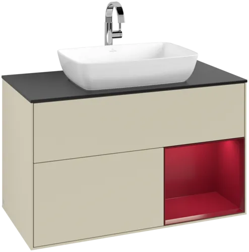 VILLEROY BOCH Toaletní skříňka Finion, s osvětlením, 2 výsuvy, 1000 x 603 x 501 mm, Silk Grey Matt Lacquer / Peony Matt Lacquer / Glass Black Matt #F782HBHJ