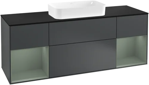 VILLEROY BOCH Toaletní skříňka Finion, s osvětlením, 4 výsuvy, 1600 x 603 x 501 mm, Midnight Blue Matt Lacquer / Olive Matt Lacquer / Glass Black Matt #F332GMHG