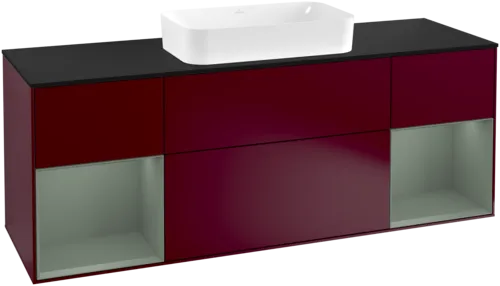 VILLEROY BOCH Toaletní skříňka Finion, s osvětlením, 4 výsuvy, 1600 x 603 x 501 mm, Pivoňka matný lak / Olivový matný lak / Sklo černé matné #F332GMHB