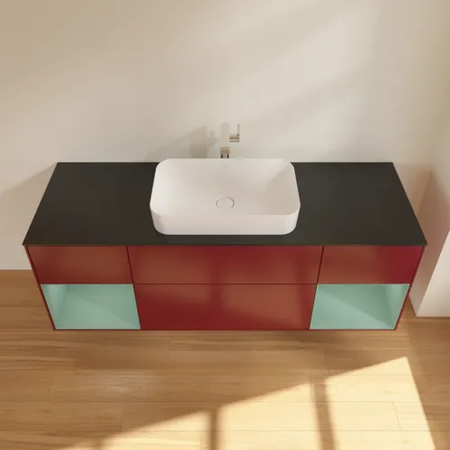 VILLEROY BOCH Toaletní skříňka Finion, s osvětlením, 4 výsuvy, 1600 x 603 x 501 mm, Pivoňka matný lak / Olivový matný lak / Sklo černé matné #F332GMHB, obrázek 4