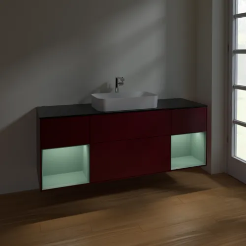 VILLEROY BOCH Toaletní skříňka Finion, s osvětlením, 4 výsuvy, 1600 x 603 x 501 mm, Pivoňka matný lak / Olivový matný lak / Sklo černé matné #F332GMHB, obrázek 5