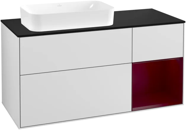 VILLEROY BOCH Toaletní skříňka Finion, s osvětlením, 3 výsuvy, 1200 x 603 x 501 mm, bílý matný lak / pivoňkový matný lak / černé matné sklo #F282HBMT