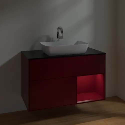 VILLEROY BOCH Toaletní skříňka Finion, s osvětlením, 2 výsuvy, 1000 x 603 x 501 mm, Peony Matt Lacquer / Peony Matt Lacquer / Glass Black Matt #F782HBHB, obrázek 5