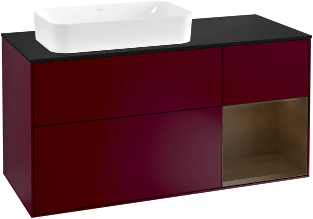 VILLEROY BOCH Toaletní skříňka Finion, s osvětlením, 3 výsuvy, 1200 x 603 x 501 mm, matný lak Peony / ořechová dýha / černé matné sklo #F282GNHB