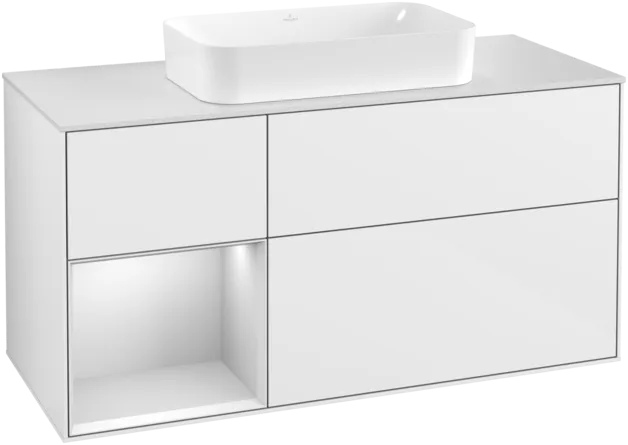 VILLEROY BOCH Toaletní skříňka Finion, s osvětlením, 3 výsuvy, 1200 x 603 x 501 mm, lesklý bílý lak / bílý matný lak / bílé matné sklo #F291MTGF