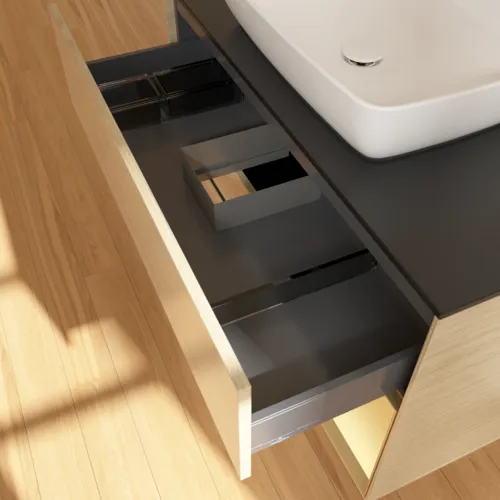 VILLEROY BOCH Toaletní skříňka Finion, s osvětlením, 2 výsuvy, 1000 x 603 x 501 mm, dubová dýha / zlatý matný lak / černé matné sklo #F782HFPC, obrázek 8