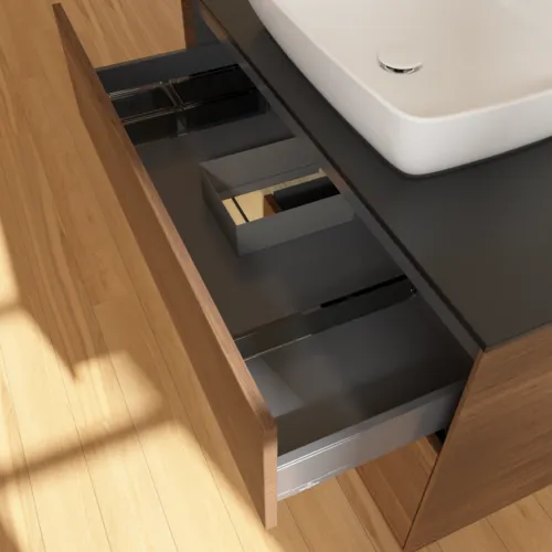 VILLEROY BOCH Toaletní stolek Finion, s osvětlením, 2 výsuvy, 1000 x 603 x 501 mm, ořechová dýha / dubová dýha / sklo černé matné #F772PCGN, obrázek 8