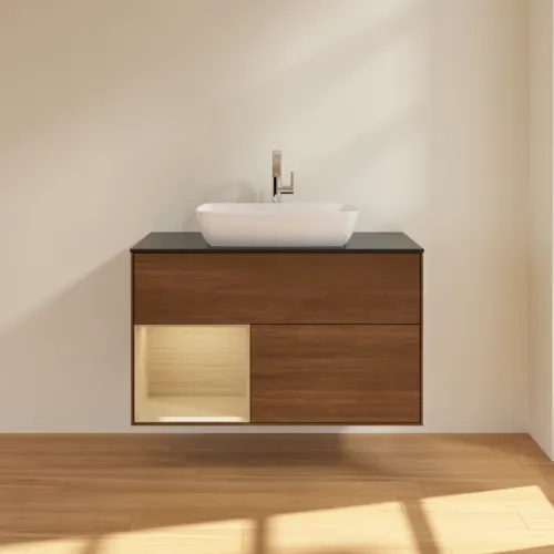 VILLEROY BOCH Toaletní stolek Finion, s osvětlením, 2 výsuvy, 1000 x 603 x 501 mm, ořechová dýha / dubová dýha / sklo černé matné #F772PCGN, obrázek 3