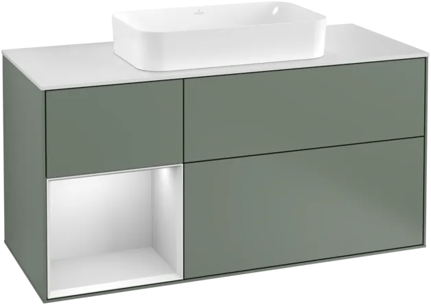 VILLEROY BOCH Toaletní skříňka Finion, s osvětlením, 3 výsuvy, 1200 x 603 x 501 mm, olivový matný lak / bílý matný lak / bílé matné sklo #F291MTGM