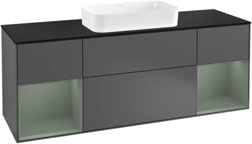 VILLEROY BOCH Toaletní skříňka Finion, s osvětlením, 4 výsuvy, 1600 x 603 x 501 mm, antracitový matný lak / olivový matný lak / černé matné sklo #F332GMGK
