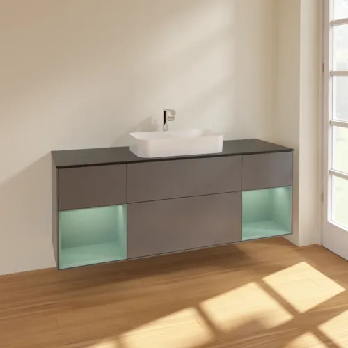 VILLEROY BOCH Toaletní skříňka Finion, s osvětlením, 4 výsuvy, 1600 x 603 x 501 mm, antracitový matný lak / olivový matný lak / černé matné sklo #F332GMGK, obrázek 2