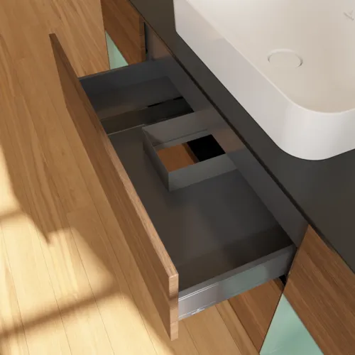 VILLEROY BOCH Toaletní skříňka Finion, s osvětlením, 4 výsuvy, 1600 x 603 x 501 mm, ořechová dýha / olivově matný lak / sklo černé matné #F332GMGN, obrázek 8