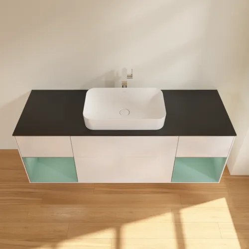 VILLEROY BOCH Toaletní skříňka Finion, s osvětlením, 4 výsuvy, 1600 x 603 x 501 mm, lesklý bílý lak / olivově matný lak / černé matné sklo #F332GMGF, obrázek 4