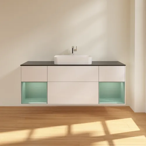 VILLEROY BOCH Toaletní skříňka Finion, s osvětlením, 4 výsuvy, 1600 x 603 x 501 mm, lesklý bílý lak / olivově matný lak / černé matné sklo #F332GMGF, obrázek 3