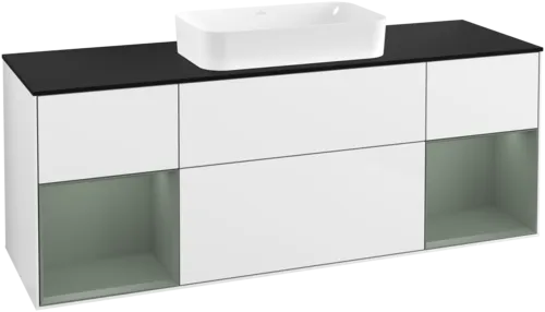 VILLEROY BOCH Toaletní skříňka Finion, s osvětlením, 4 výsuvy, 1600 x 603 x 501 mm, lesklý bílý lak / olivově matný lak / černé matné sklo #F332GMGF