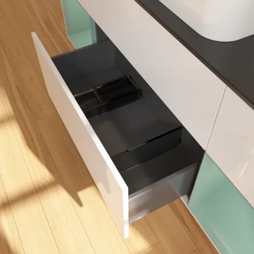 VILLEROY BOCH Toaletní skříňka Finion, s osvětlením, 4 výsuvy, 1600 x 603 x 501 mm, lesklý bílý lak / olivově matný lak / černé matné sklo #F332GMGF, obrázek 7