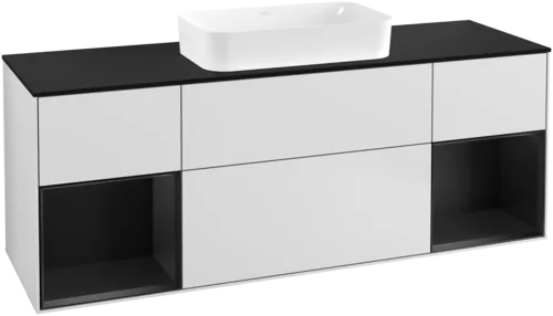 VILLEROY BOCH Toaletní skříňka Finion, s osvětlením, 4 výsuvy, 1600 x 603 x 501 mm, bílý matný lak / černý matný lak / černé matné sklo #F332PDMT