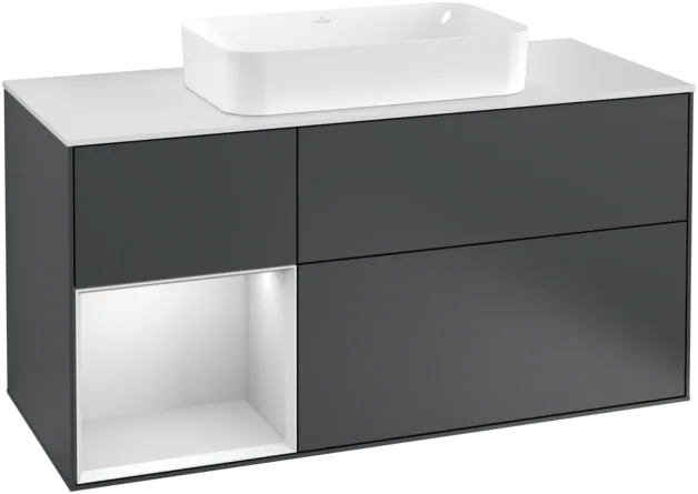 VILLEROY BOCH Toaletní skříňka Finion, s osvětlením, 3 výsuvy, 1200 x 603 x 501 mm, Midnight Blue Matt Lacquer / White Matt Lacquer / Glass White Matt #F291MTHG