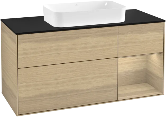VILLEROY BOCH Toaletní stolek Finion, s osvětlením, 3 výsuvy, 1200 x 603 x 501 mm, dubová dýha / dubová dýha / sklo černé matné #F302PCPC