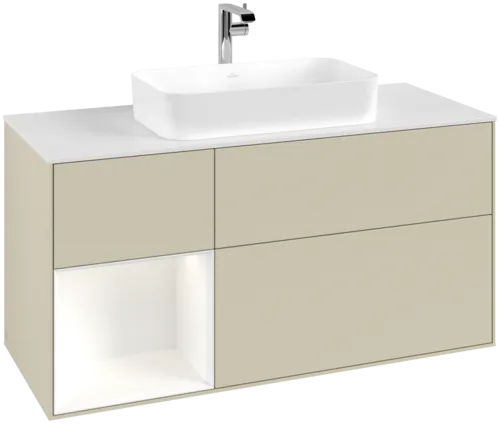 VILLEROY BOCH Toaletní skříňka Finion, s osvětlením, 3 výsuvy, 1200 x 603 x 501 mm, Silk Grey Matt Lacquer / White Matt Lacquer / Glass White Matt #F291MTHJ