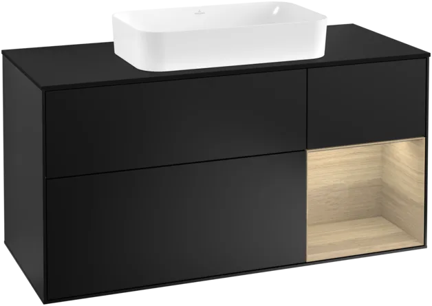 VILLEROY BOCH Toaletní skříňka Finion, s osvětlením, 3 výsuvy, 1200 x 603 x 501 mm, černý matný lak / dubová dýha / černé matné sklo #F302PCPD