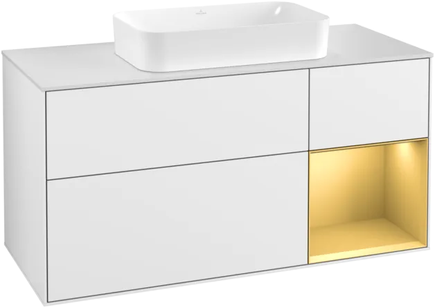 VILLEROY BOCH Toaletní skříňka Finion, s osvětlením, 3 výsuvy, 1200 x 603 x 501 mm, lesklý bílý lak / zlatý matný lak / bílé matné sklo #F301HFGF