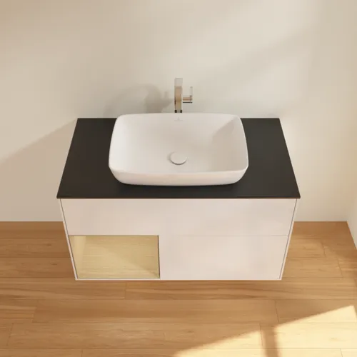 VILLEROY BOCH Toaletní skříňka Finion, s osvětlením, 2 výsuvy, 1000 x 603 x 501 mm, lesklý bílý lak / dubová dýha / černé matné sklo #F772PCGF, obrázek 4