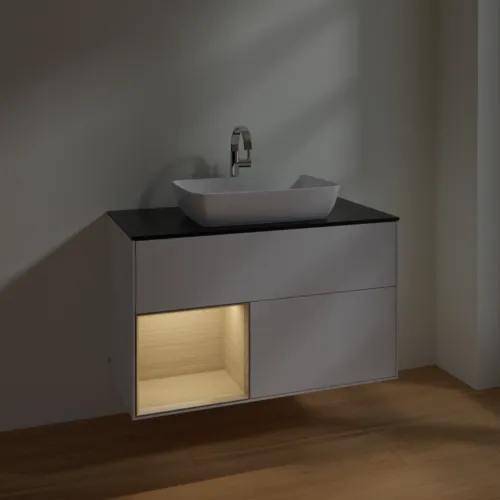 VILLEROY BOCH Toaletní skříňka Finion, s osvětlením, 2 výsuvy, 1000 x 603 x 501 mm, lesklý bílý lak / dubová dýha / černé matné sklo #F772PCGF, obrázek 5