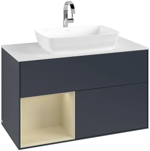 VILLEROY BOCH Toaletní skříňka Finion, s osvětlením, 2 výsuvy, 1000 x 603 x 501 mm, Midnight Blue Matt Lacquer / Silk Grey Matt Lacquer / Glass White Matt #F771HJHG
