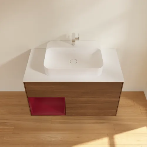 VILLEROY BOCH Toaletní skříňka Finion, s osvětlením, 2 výsuvy, 1000 x 603 x 501 mm, ořechová dýha / matný lak Pivoňka / matné bílé sklo #F361HBGN, obrázek 4