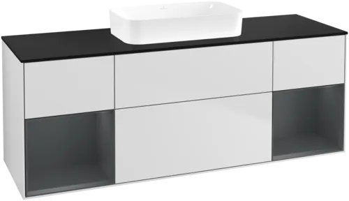 VILLEROY BOCH Toaletní skříňka Finion, s osvětlením, 4 výsuvy, 1600 x 603 x 501 mm, bílý matný lak / půlnoční modrý matný lak / černé matné sklo #F742HGMT