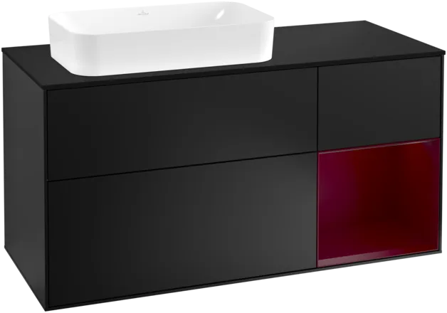VILLEROY BOCH Toaletní skříňka Finion, s osvětlením, 3 výsuvy, 1200 x 603 x 501 mm, černý matný lak / pivoňkový matný lak / černé matné sklo #F282HBPD