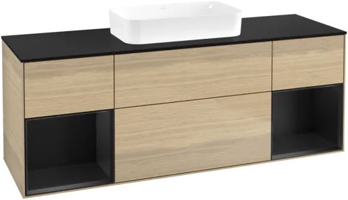 VILLEROY BOCH Toaletní skříňka Finion, s osvětlením, 4 výsuvy, 1600 x 603 x 501 mm, dubová dýha / černý matný lak / černé matné sklo #F742PDPC