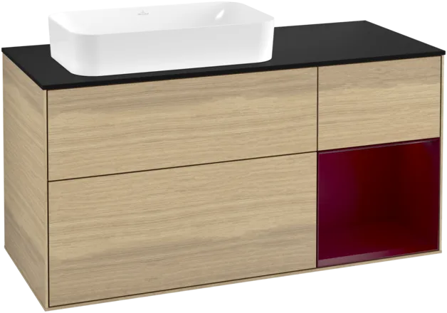 VILLEROY BOCH Toaletní skříňka Finion, s osvětlením, 3 výsuvy, 1200 x 603 x 501 mm, dubová dýha / matný lak Pivoňka / matné černé sklo #F282HBPC