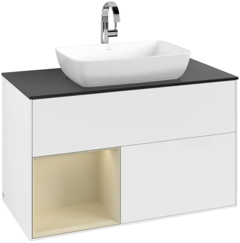 VILLEROY BOCH Toaletní skříňka Finion, s osvětlením, 2 výsuvy, 1000 x 603 x 501 mm, bílý matný lak / hedvábně šedý matný lak / černé matné sklo #F772HJMT