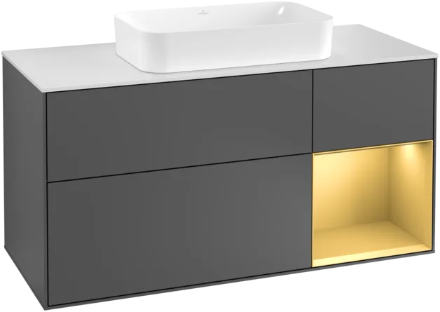 VILLEROY BOCH Toaletní skříňka Finion, s osvětlením, 3 výsuvy, 1200 x 603 x 501 mm, antracitový matný lak / zlatý matný lak / bílé matné sklo #F301HFGK