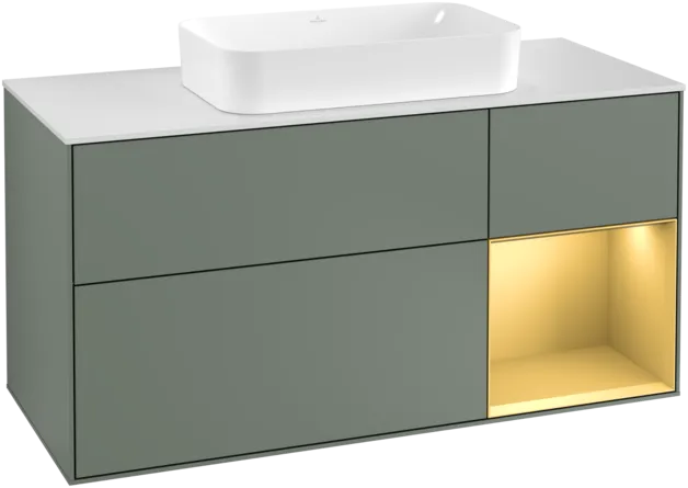VILLEROY BOCH Toaletní skříňka Finion, s osvětlením, 3 výsuvy, 1200 x 603 x 501 mm, olivový matný lak / zlatý matný lak / bílé matné sklo #F301HFGM