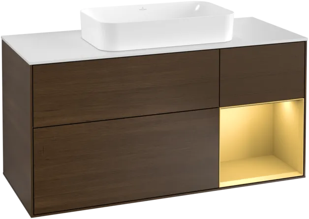VILLEROY BOCH Toaletní skříňka Finion, s osvětlením, 3 výsuvy, 1200 x 603 x 501 mm, ořechová dýha / zlatý matný lak / sklo bílé matné #F301HFGN