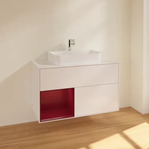 VILLEROY BOCH Toaletní skříňka Finion, s osvětlením, 2 výsuvy, 1000 x 603 x 501 mm, lesklý bílý lak / matný lak Pivoňka / matné bílé sklo #F361HBGF, obrázek 2