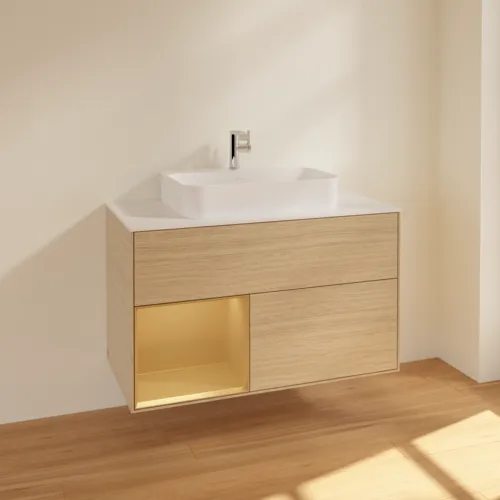 VILLEROY BOCH Toaletní stolek Finion, s osvětlením, 2 výsuvy, 1000 x 603 x 501 mm, dubová dýha / zlatý matný lak / sklo bílé matné #F361HFPC, obrázek 2