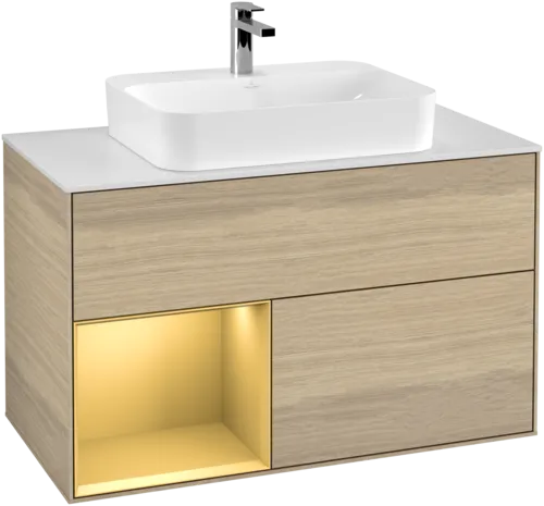 VILLEROY BOCH Toaletní stolek Finion, s osvětlením, 2 výsuvy, 1000 x 603 x 501 mm, dubová dýha / zlatý matný lak / sklo bílé matné #F361HFPC