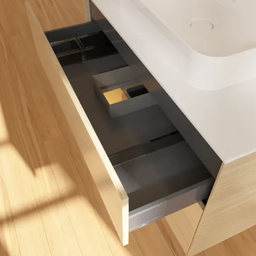 VILLEROY BOCH Toaletní stolek Finion, s osvětlením, 2 výsuvy, 1000 x 603 x 501 mm, dubová dýha / zlatý matný lak / sklo bílé matné #F361HFPC, obrázek 8