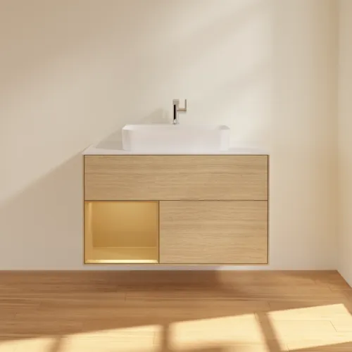 VILLEROY BOCH Toaletní stolek Finion, s osvětlením, 2 výsuvy, 1000 x 603 x 501 mm, dubová dýha / zlatý matný lak / sklo bílé matné #F361HFPC, obrázek 3