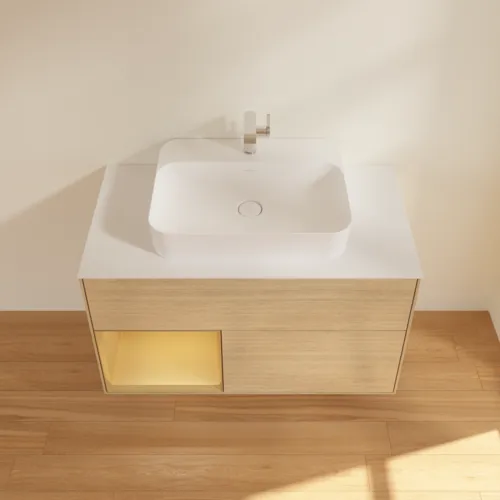 VILLEROY BOCH Toaletní stolek Finion, s osvětlením, 2 výsuvy, 1000 x 603 x 501 mm, dubová dýha / zlatý matný lak / sklo bílé matné #F361HFPC, obrázek 4
