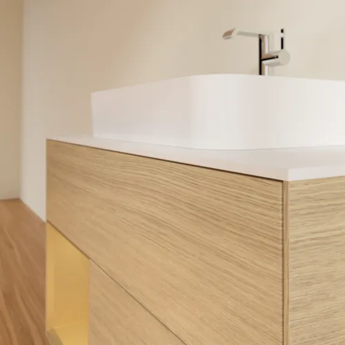 VILLEROY BOCH Toaletní stolek Finion, s osvětlením, 2 výsuvy, 1000 x 603 x 501 mm, dubová dýha / zlatý matný lak / sklo bílé matné #F361HFPC, obrázek 6
