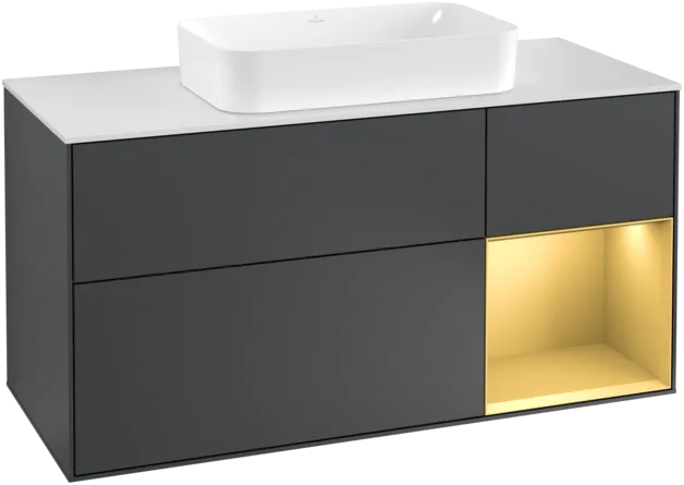 VILLEROY BOCH Toaletní skříňka Finion, s osvětlením, 3 výsuvy, 1200 x 603 x 501 mm, Midnight Blue Matt Lacquer / Gold Matt Lacquer / Glass White Matt #F301HFHG
