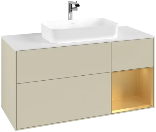 VILLEROY BOCH Toaletní skříňka Finion, s osvětlením, 3 výsuvy, 1200 x 603 x 501 mm, Silk Grey Matt Lacquer / Gold Matt Lacquer / Glass White Matt #F301HFHJ