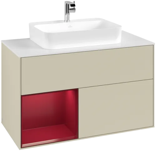 VILLEROY BOCH Toaletní skříňka Finion, s osvětlením, 2 výsuvy, 1000 x 603 x 501 mm, Silk Grey Matt Lacquer / Peony Matt Lacquer / Glass White Matt #F361HBHJ